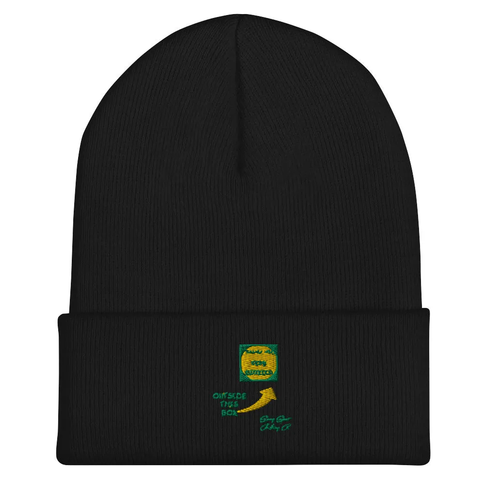 Outside of the Box Embroidered Cuffed Beanie w Green & Yellow Stiching