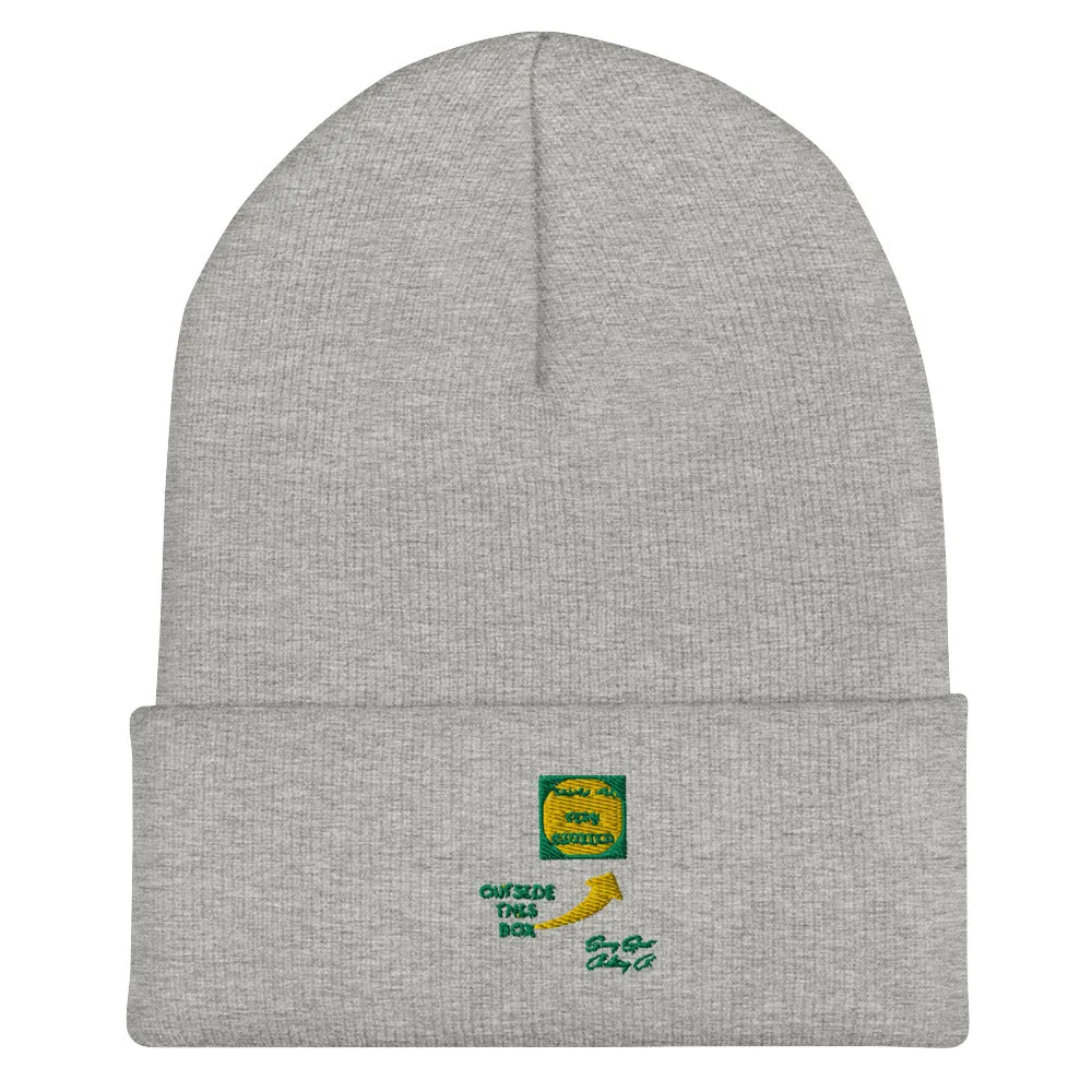 Outside of the Box Embroidered Cuffed Beanie w Green & Yellow Stiching