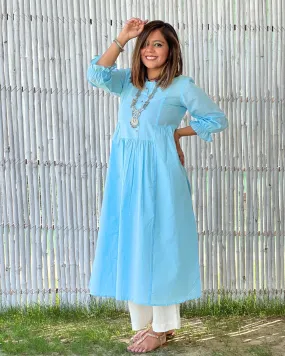 Powder Blue Cotton Aline Gathered Kurta