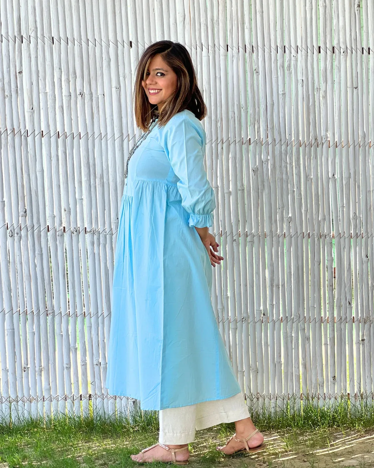 Powder Blue Cotton Aline Gathered Kurta