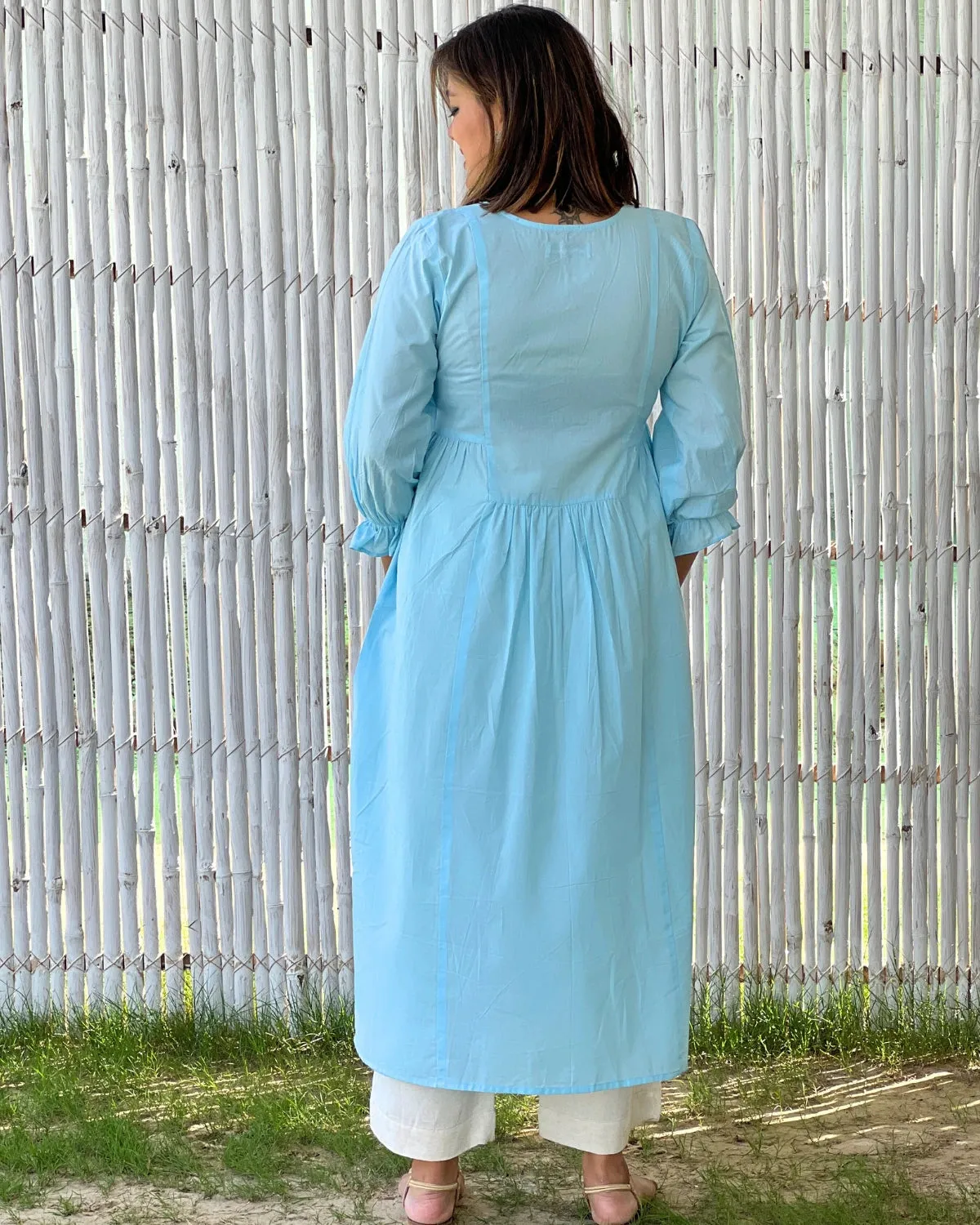 Powder Blue Cotton Aline Gathered Kurta