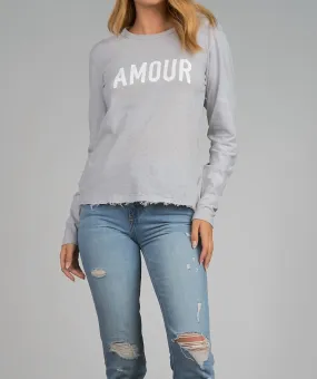 "amour" Long Sleeve Graphic Tee In Light Grey