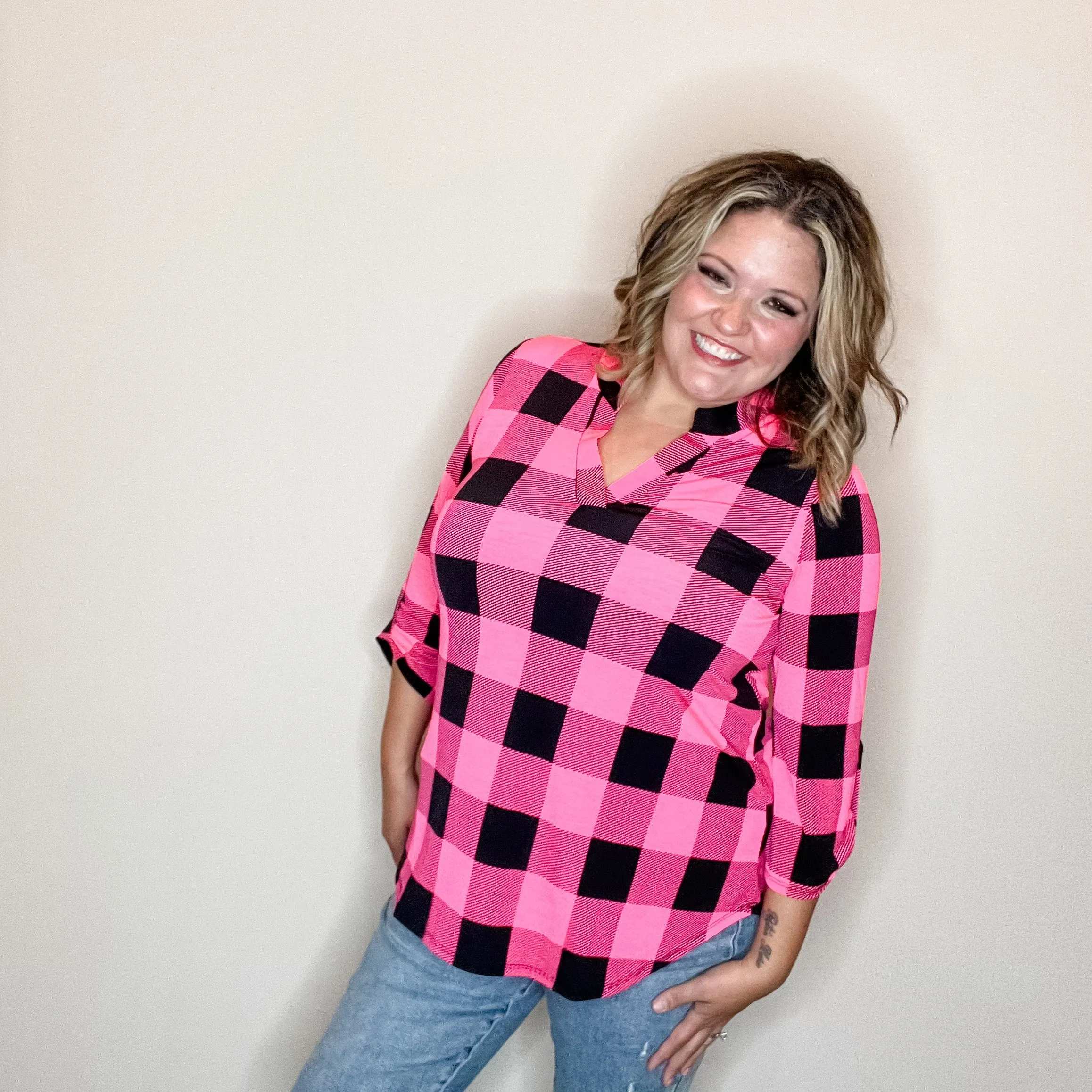 "Blindsided" Plaid Lizzy 3/4 Sleeve Split Neck (Black and Pink)