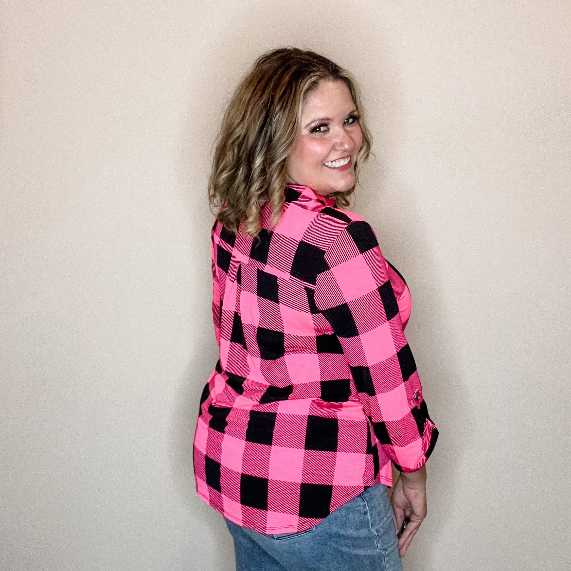 "Blindsided" Plaid Lizzy 3/4 Sleeve Split Neck (Black and Pink)