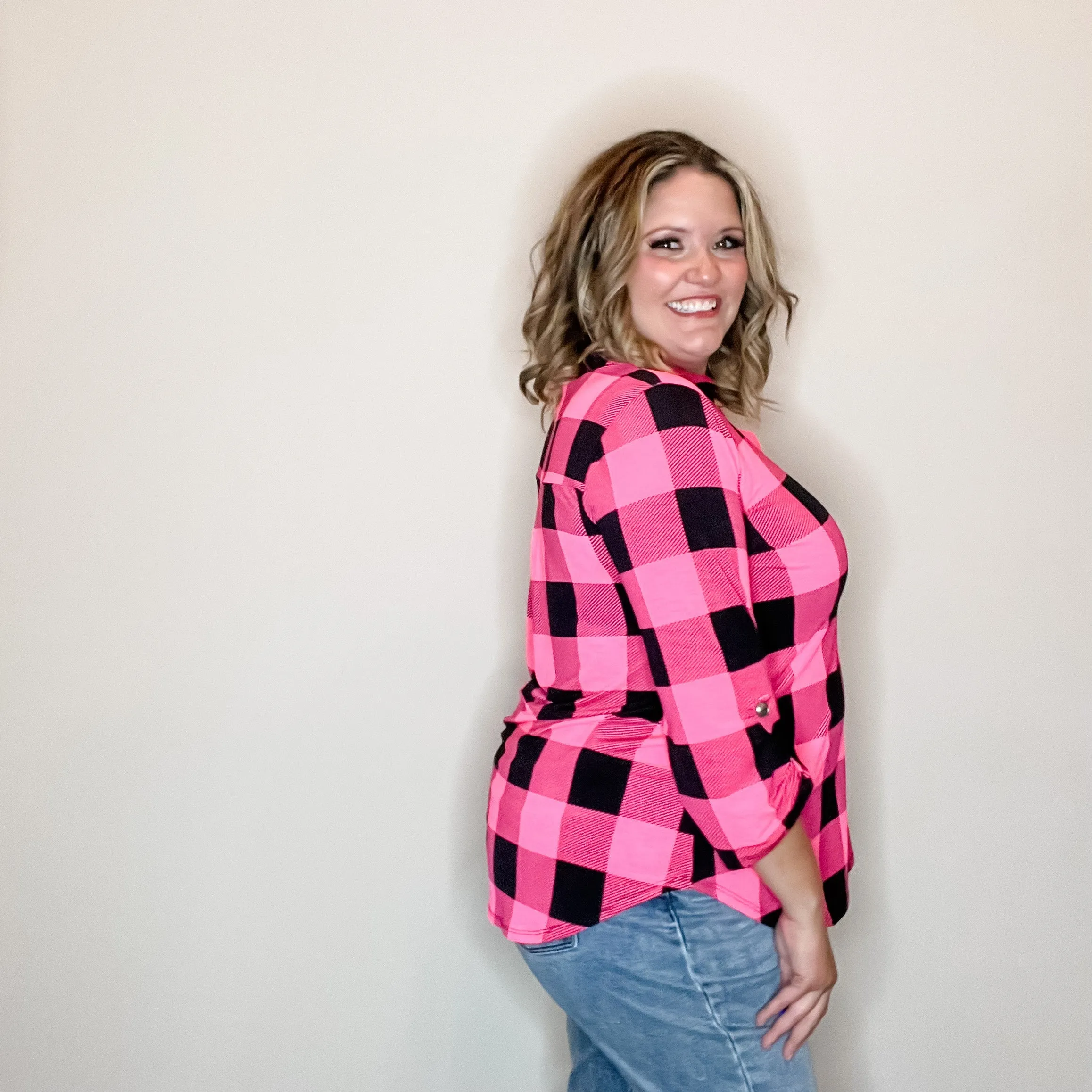 "Blindsided" Plaid Lizzy 3/4 Sleeve Split Neck (Black and Pink)