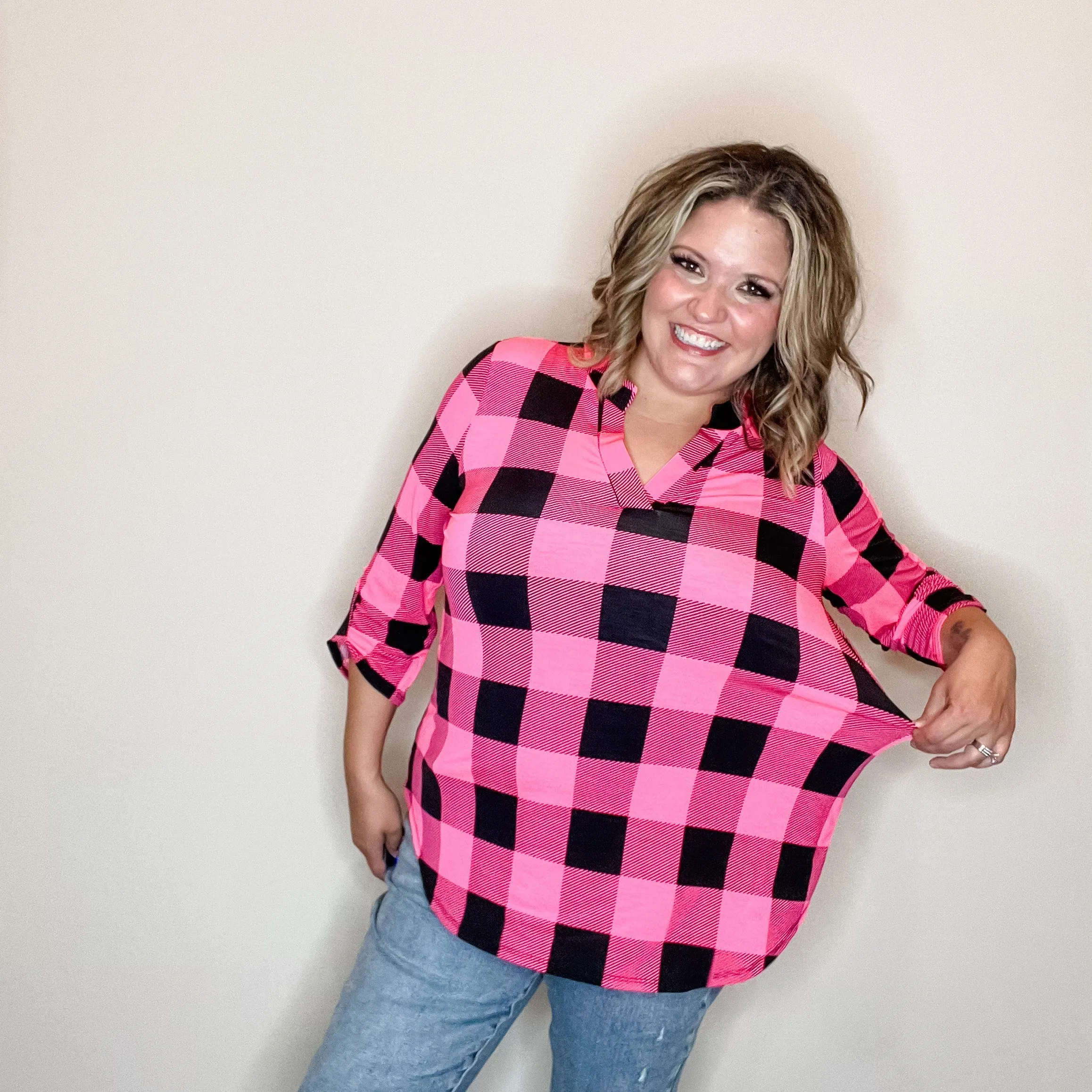 "Blindsided" Plaid Lizzy 3/4 Sleeve Split Neck (Black and Pink)