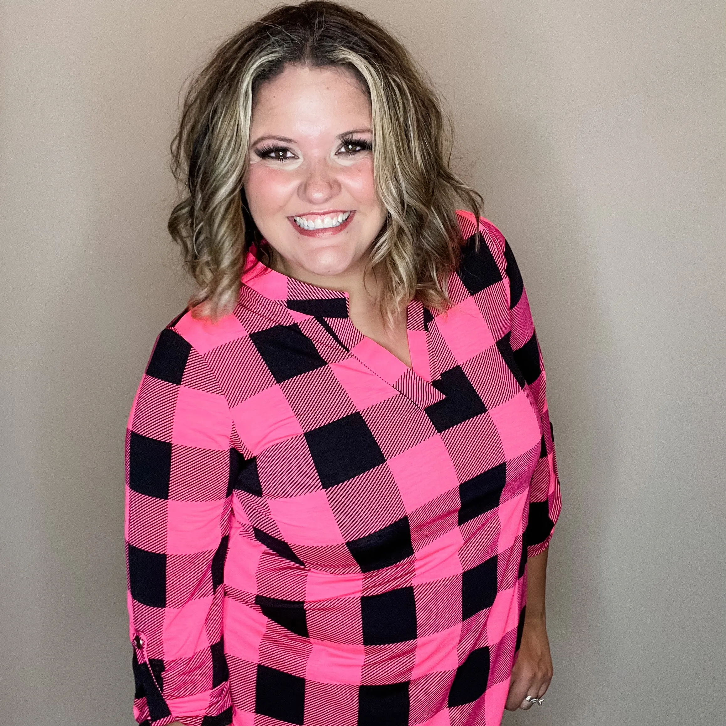 "Blindsided" Plaid Lizzy 3/4 Sleeve Split Neck (Black and Pink)