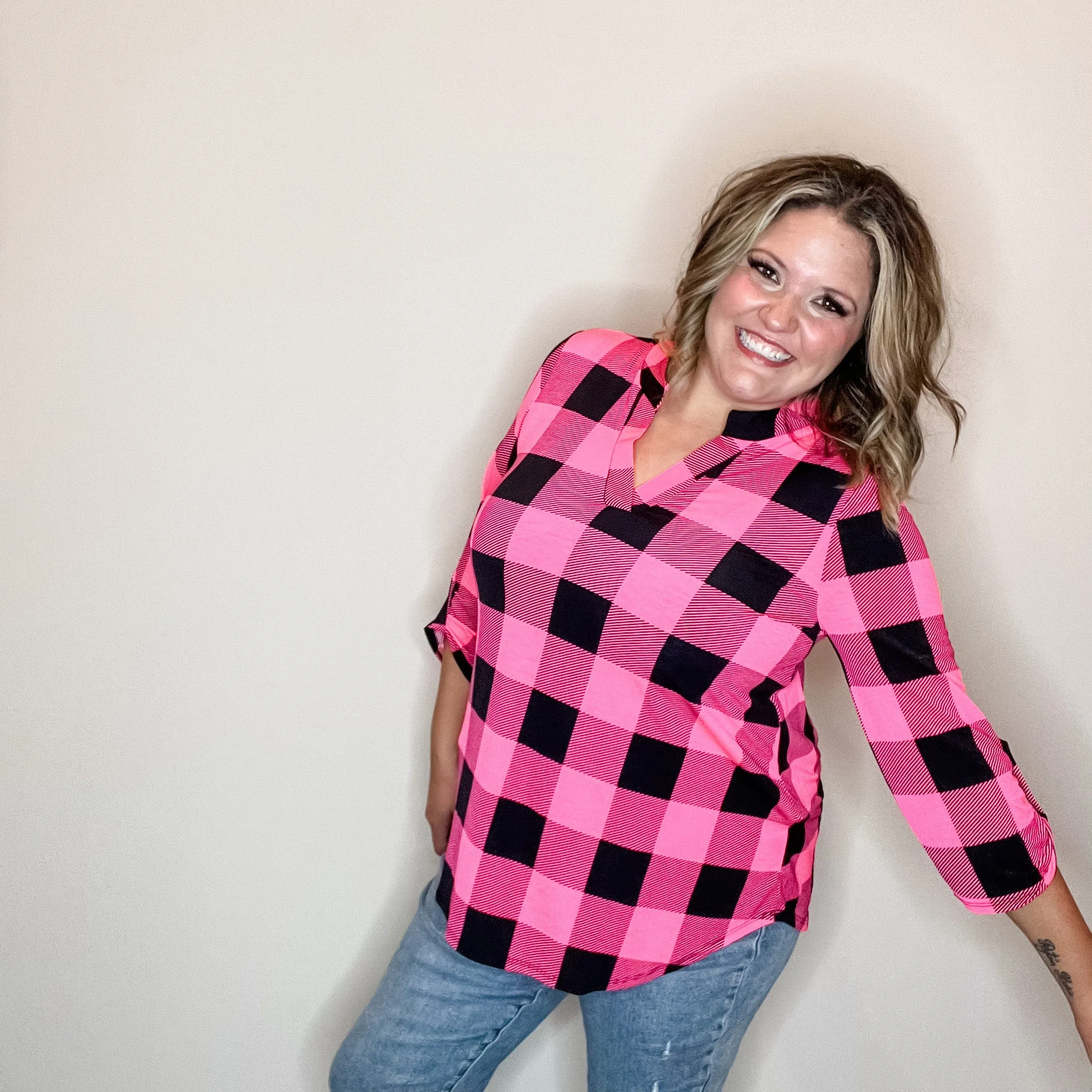 "Blindsided" Plaid Lizzy 3/4 Sleeve Split Neck (Black and Pink)