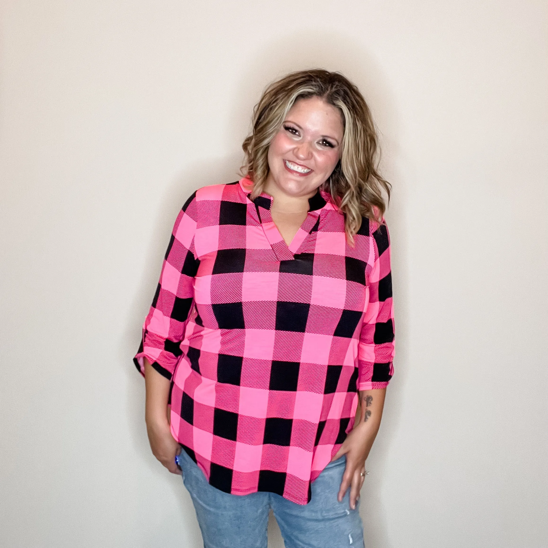 "Blindsided" Plaid Lizzy 3/4 Sleeve Split Neck (Black and Pink)