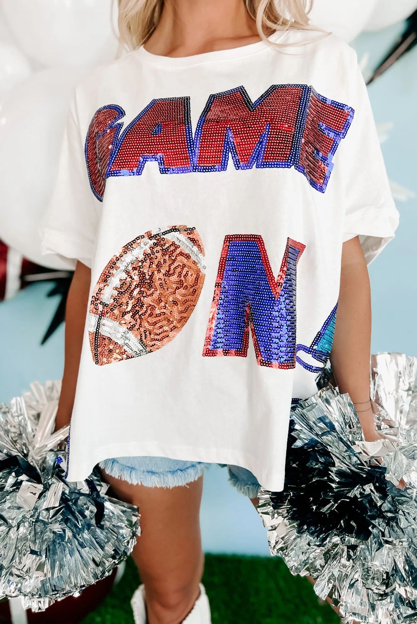 "Game On" Oversized Sequin Graphic Top (White)