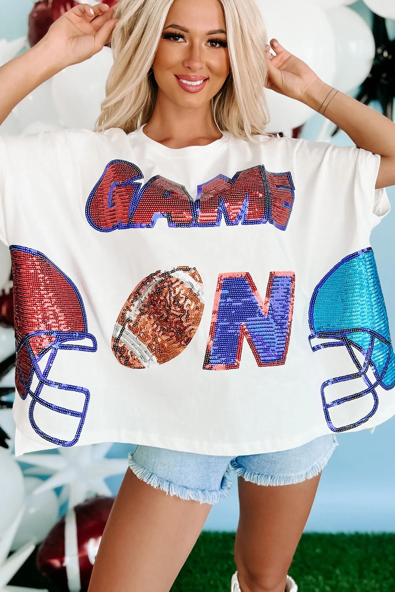 "Game On" Oversized Sequin Graphic Top (White)