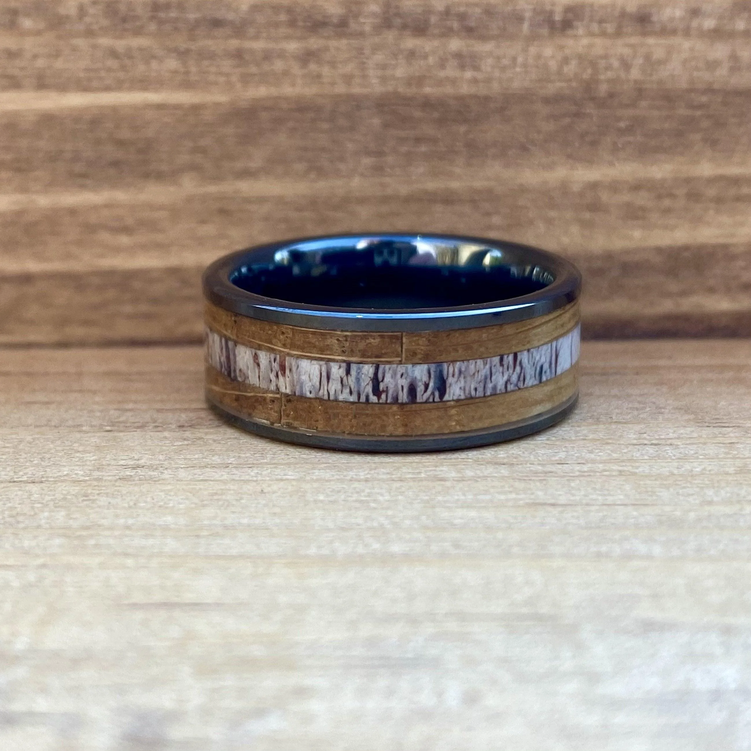 "The Outdoorsman" Black Ceramic Ring With Deer Antler and Bourbon Whiskey Barrel Wood