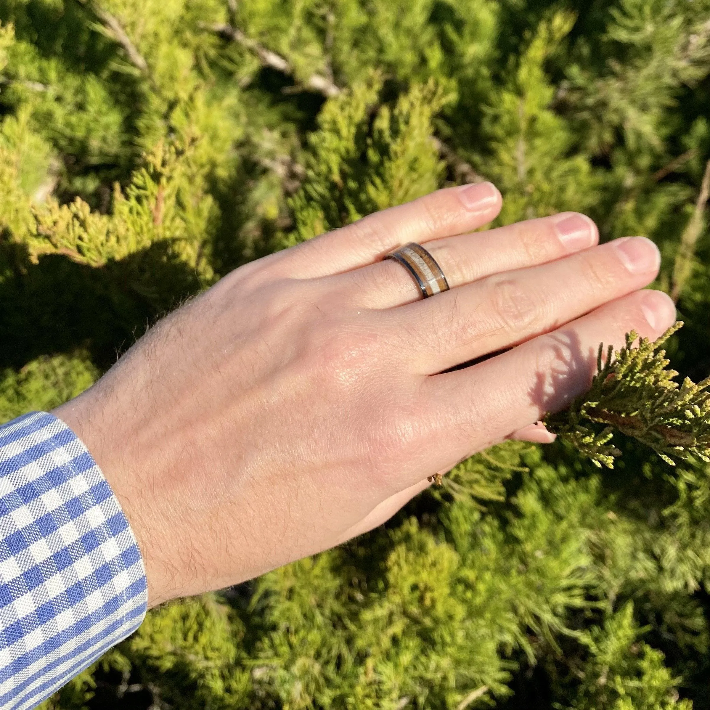 "The Outdoorsman" Black Ceramic Ring With Deer Antler and Bourbon Whiskey Barrel Wood