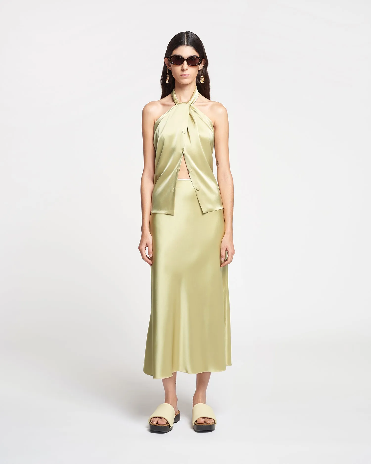 Razi - Slip Satin Midi Skirt - Lime Yellow