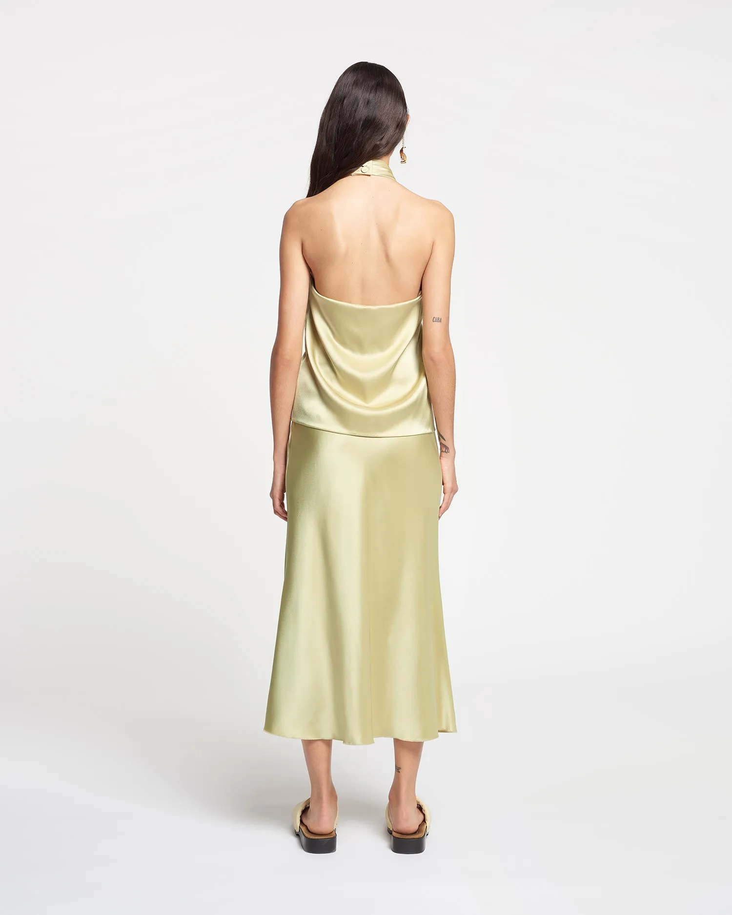 Razi - Slip Satin Midi Skirt - Lime Yellow