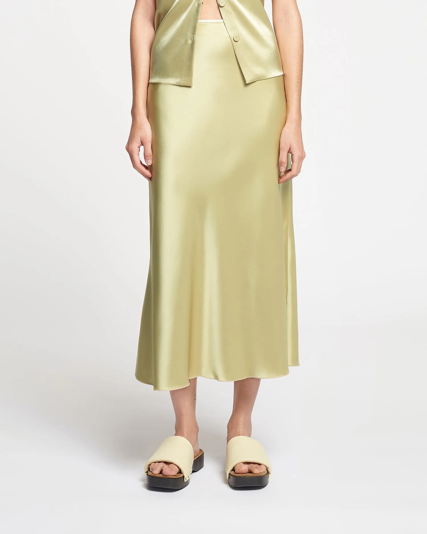 Razi - Slip Satin Midi Skirt - Lime Yellow