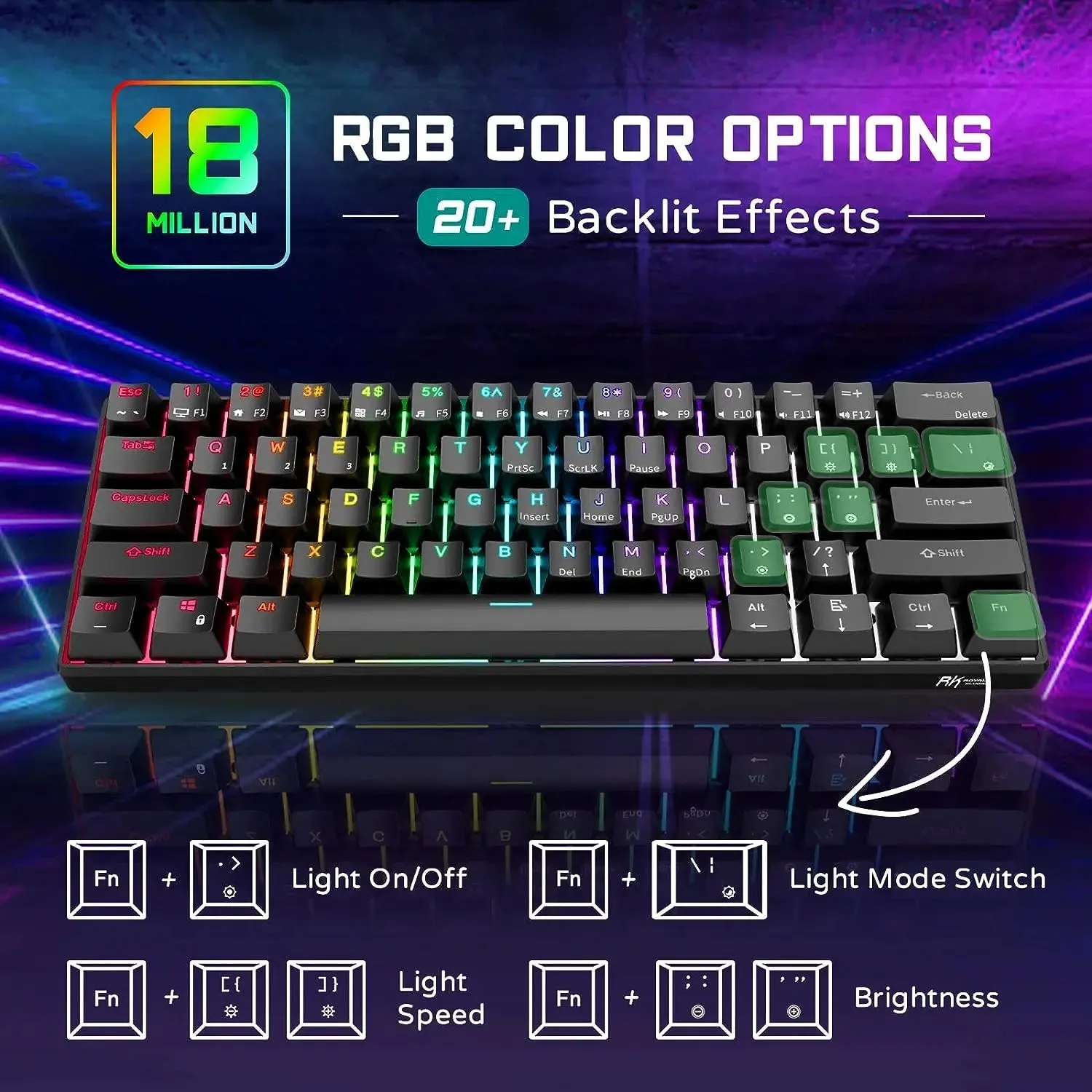 RK ROYAL KLUDGE RK61 Wired 60% Mechanical Gaming Keyboard RGB Backlit Ultra-Compact Hot Swappable Red Switch Black