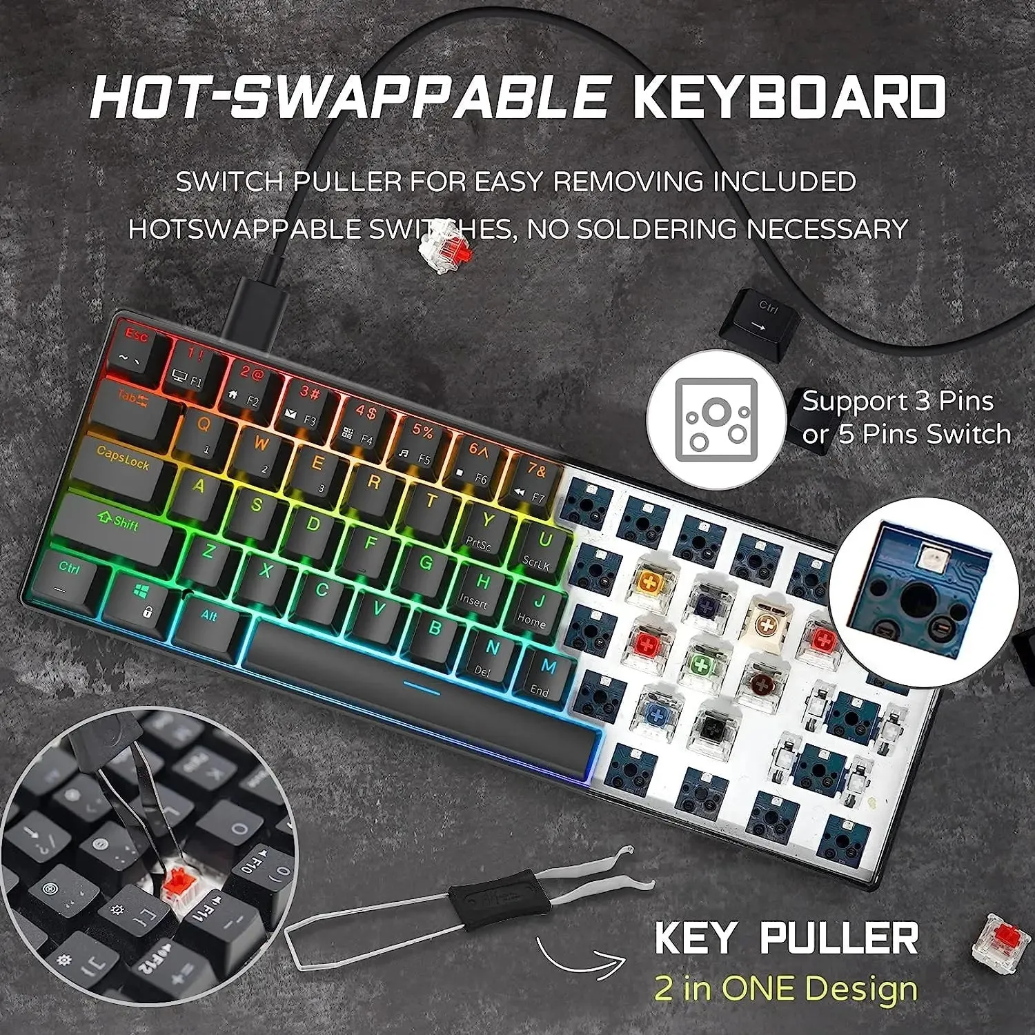 RK ROYAL KLUDGE RK61 Wired 60% Mechanical Gaming Keyboard RGB Backlit Ultra-Compact Hot Swappable Red Switch Black