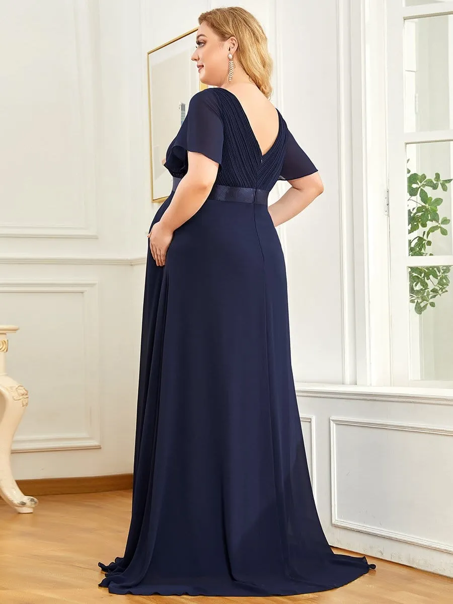 Ruched Bodice Flowy Chiffon Floor-Length Maternity Dress with Sleeves