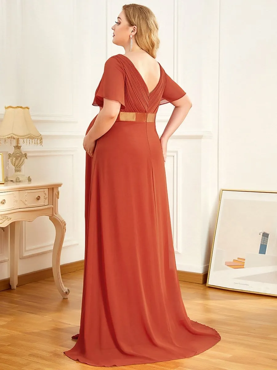 Ruched Bodice Flowy Chiffon Floor-Length Maternity Dress with Sleeves