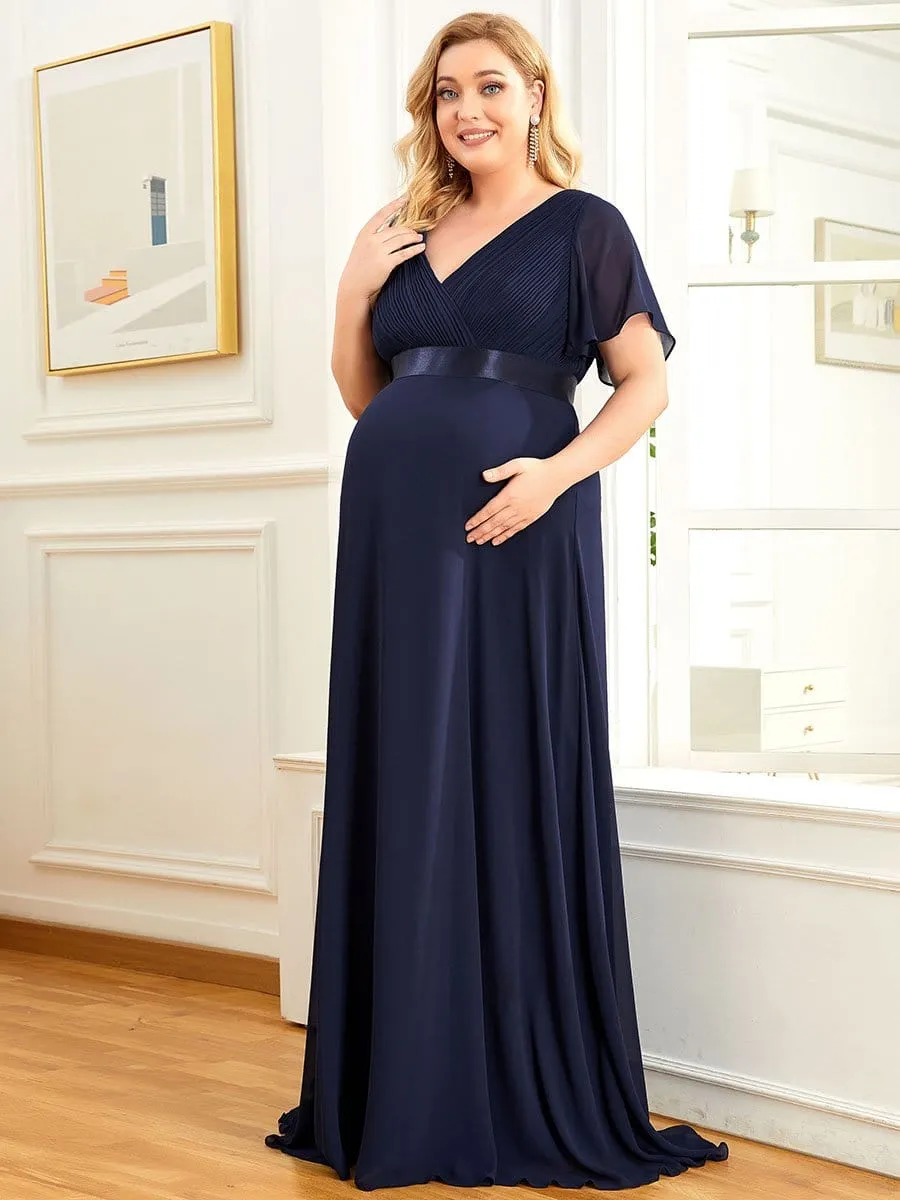 Ruched Bodice Flowy Chiffon Floor-Length Maternity Dress with Sleeves