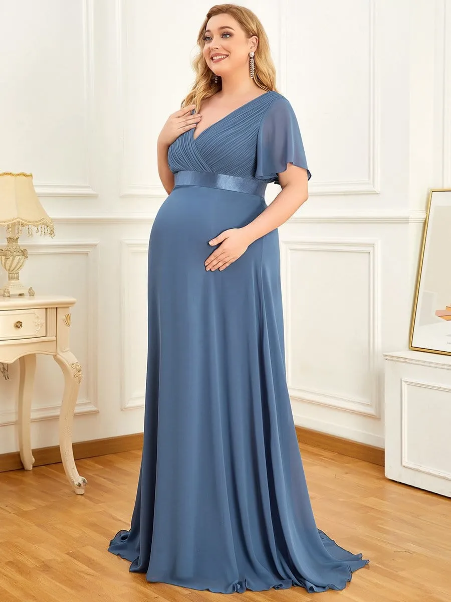 Ruched Bodice Flowy Chiffon Floor-Length Maternity Dress with Sleeves