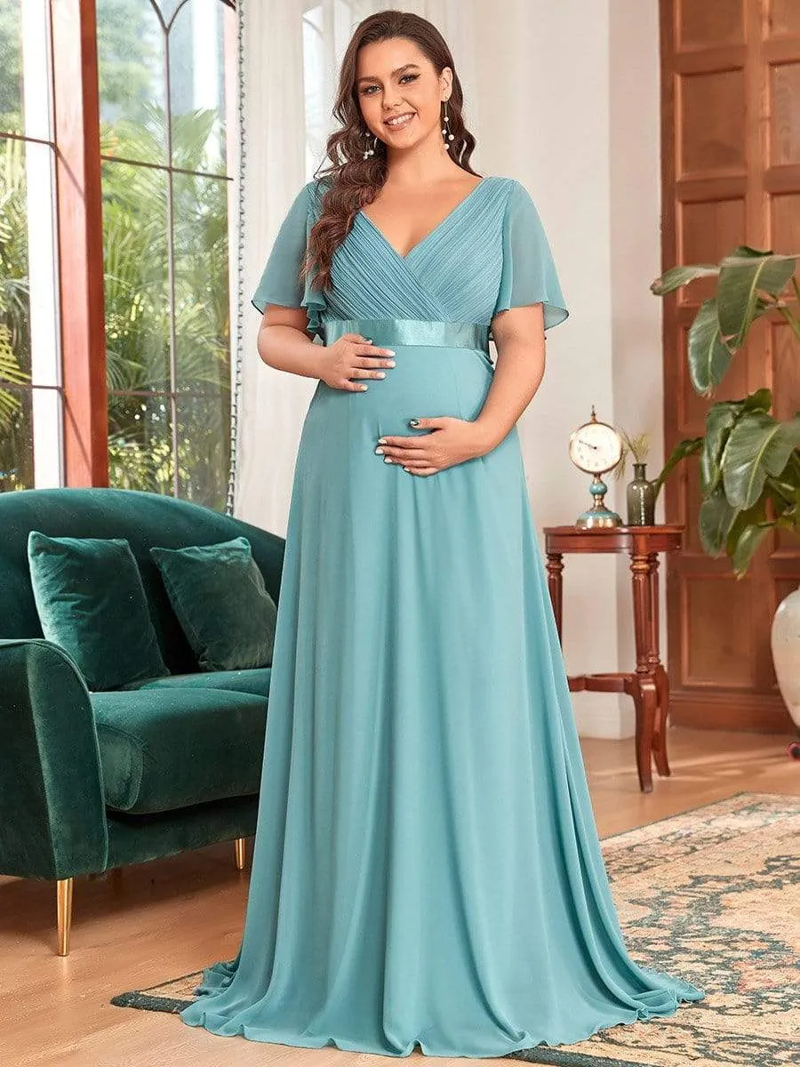 Ruched Bodice Flowy Chiffon Floor-Length Maternity Dress with Sleeves