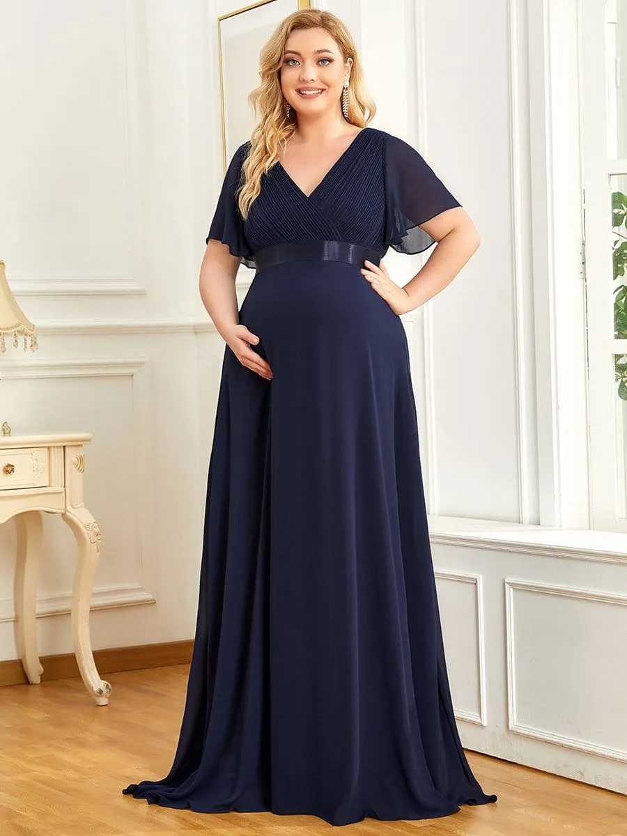 Ruched Bodice Flowy Chiffon Floor-Length Maternity Dress with Sleeves