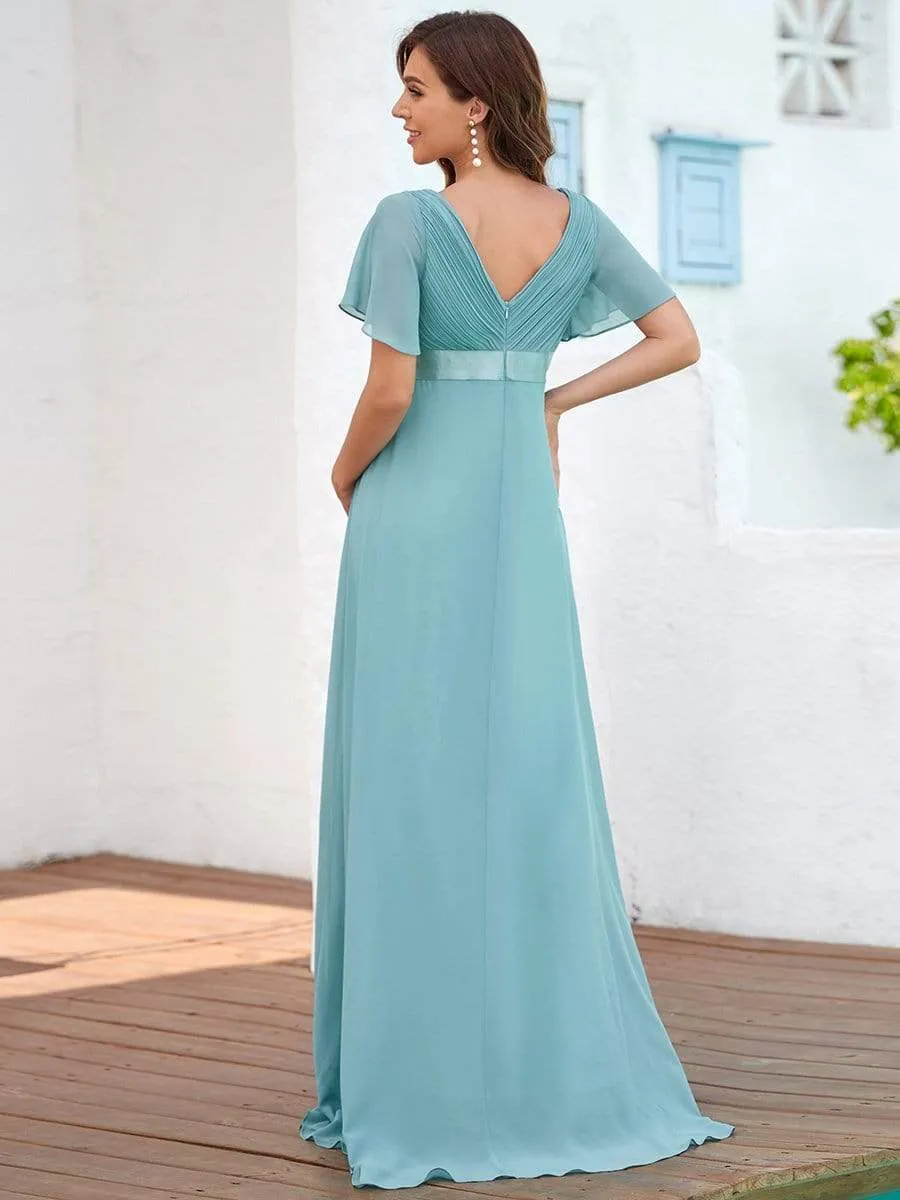 Ruched Bodice Flowy Chiffon Floor-Length Maternity Dress with Sleeves