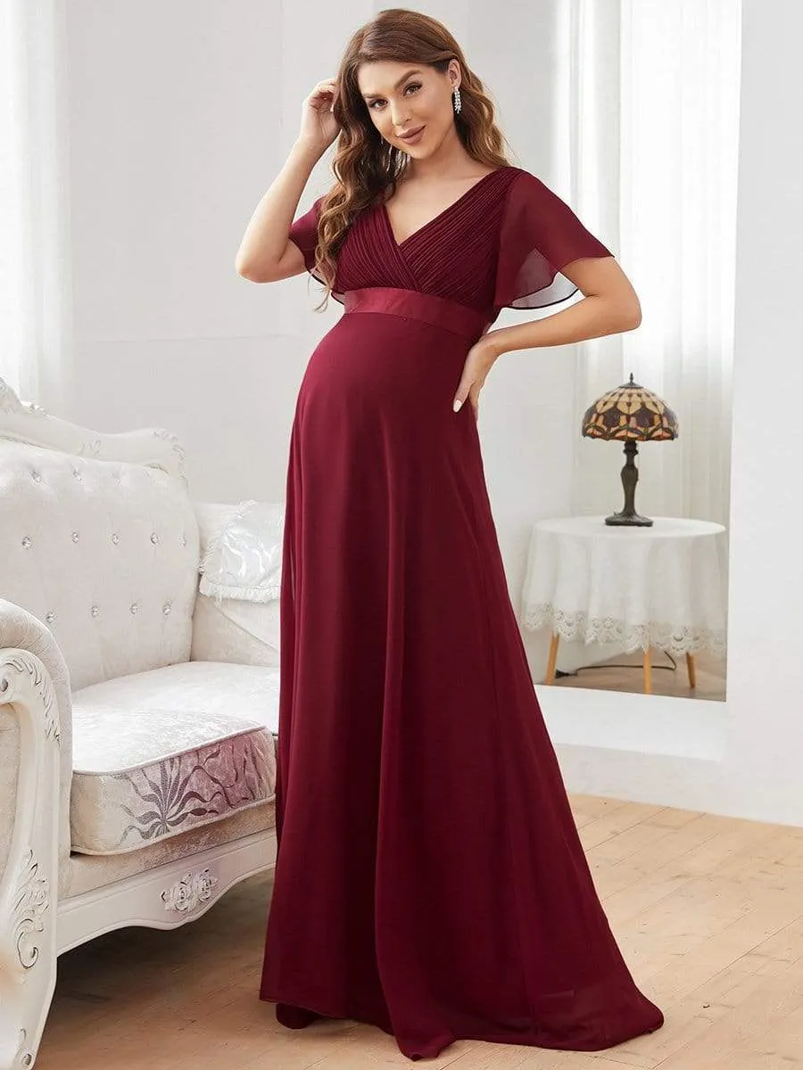 Ruched Bodice Flowy Chiffon Floor-Length Maternity Dress with Sleeves