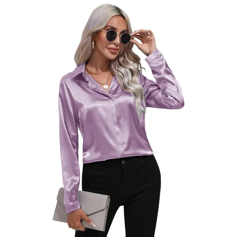 Satin Silk Button Down Shirts for Women Dress Shirts Long Sleeve Blouses Female Shirts