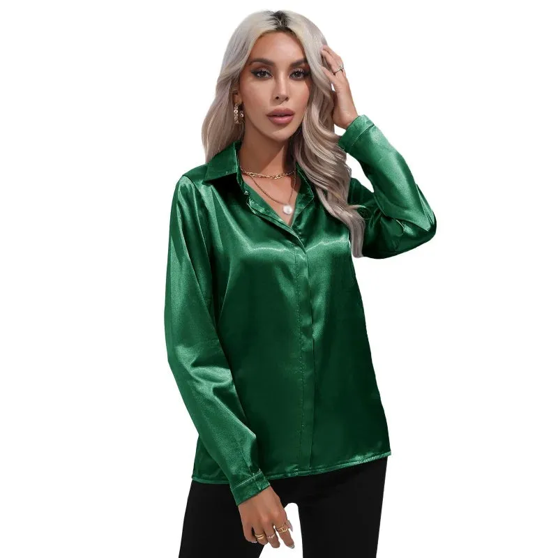 Satin Silk Button Down Shirts for Women Dress Shirts Long Sleeve Blouses Female Shirts