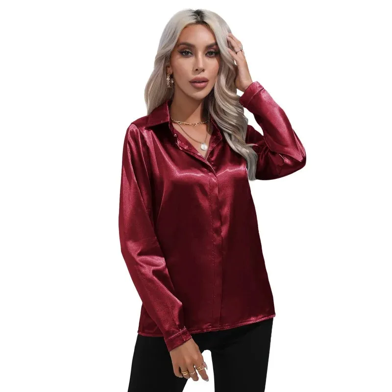 Satin Silk Button Down Shirts for Women Dress Shirts Long Sleeve Blouses Female Shirts