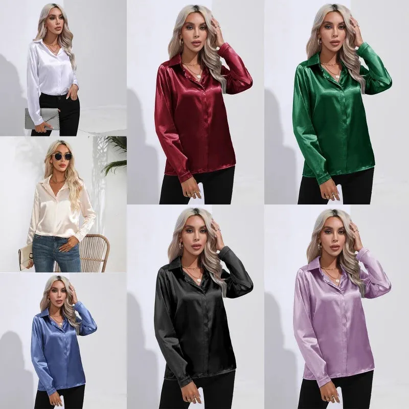 Satin Silk Button Down Shirts for Women Dress Shirts Long Sleeve Blouses Female Shirts