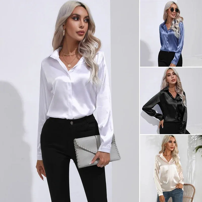 Satin Silk Button Down Shirts for Women Dress Shirts Long Sleeve Blouses Female Shirts