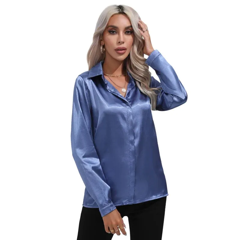 Satin Silk Button Down Shirts for Women Dress Shirts Long Sleeve Blouses Female Shirts