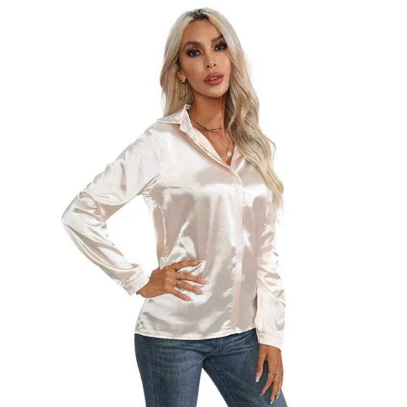 Satin Silk Button Down Shirts for Women Dress Shirts Long Sleeve Blouses Female Shirts