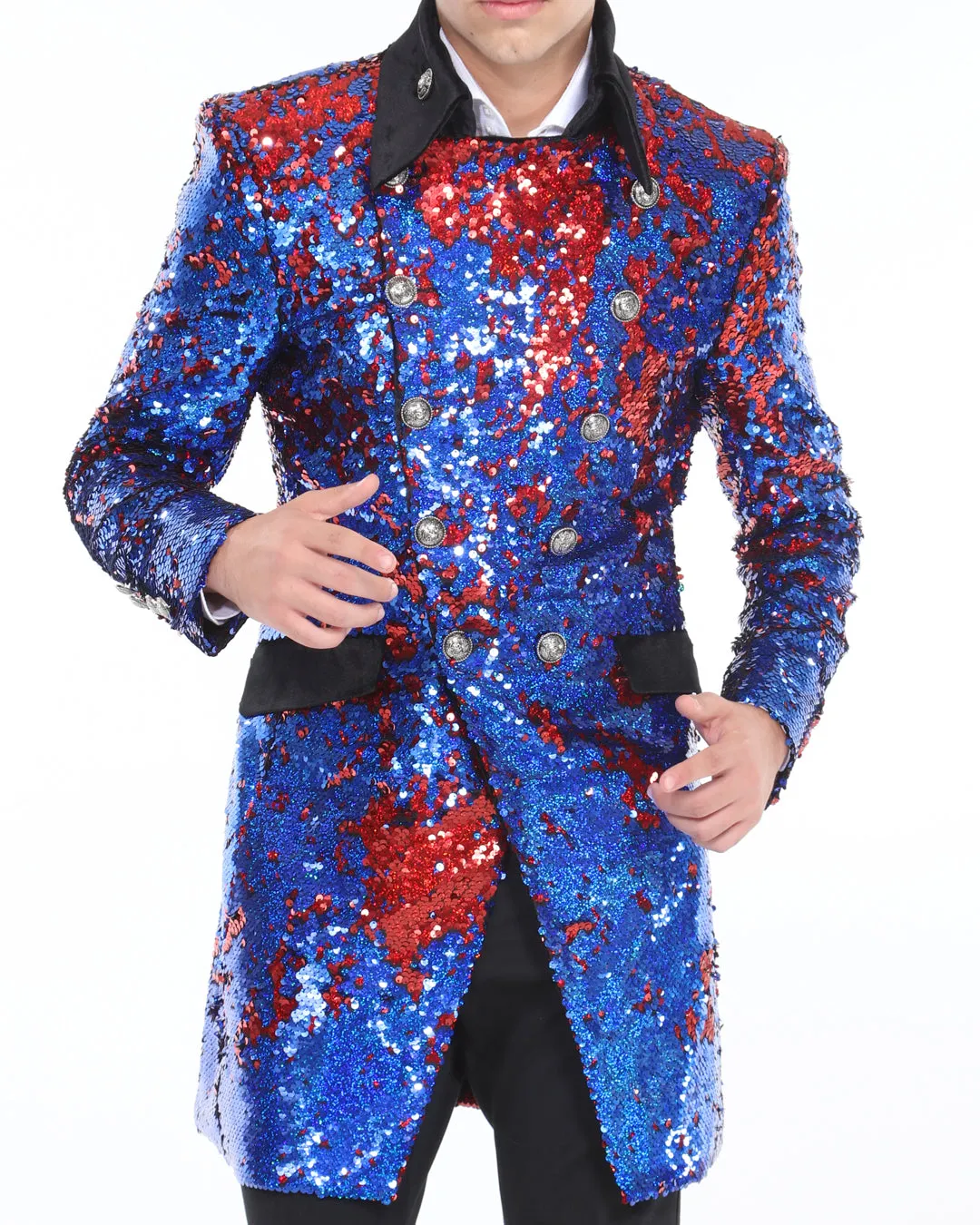 Sequin coat for men, Long coat blue/red