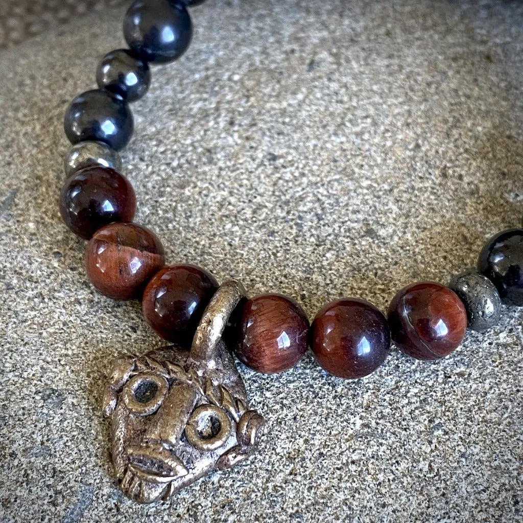 Shungite & Red Tiger's Eye Bead Necklace, Brass Face Charm, Unisex