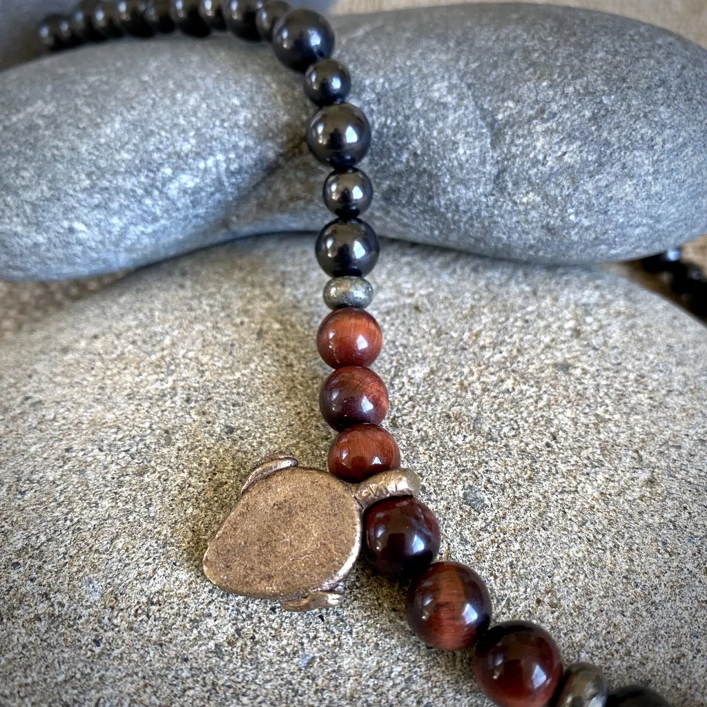 Shungite & Red Tiger's Eye Bead Necklace, Brass Face Charm, Unisex