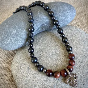 Shungite & Red Tiger's Eye Bead Necklace, Brass Face Charm, Unisex