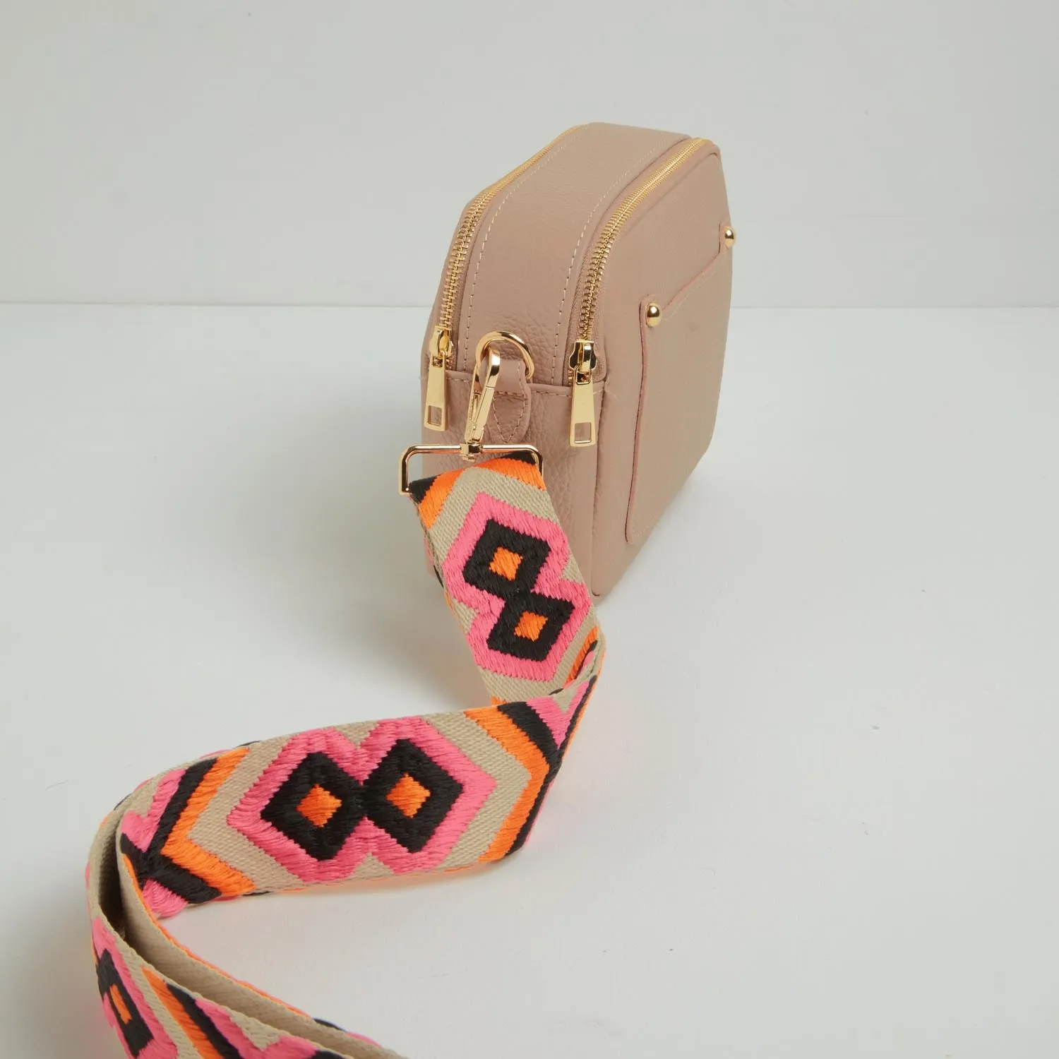 Sienna Crossbody Bag in Blush with Orange and Pink Bohemian Strap