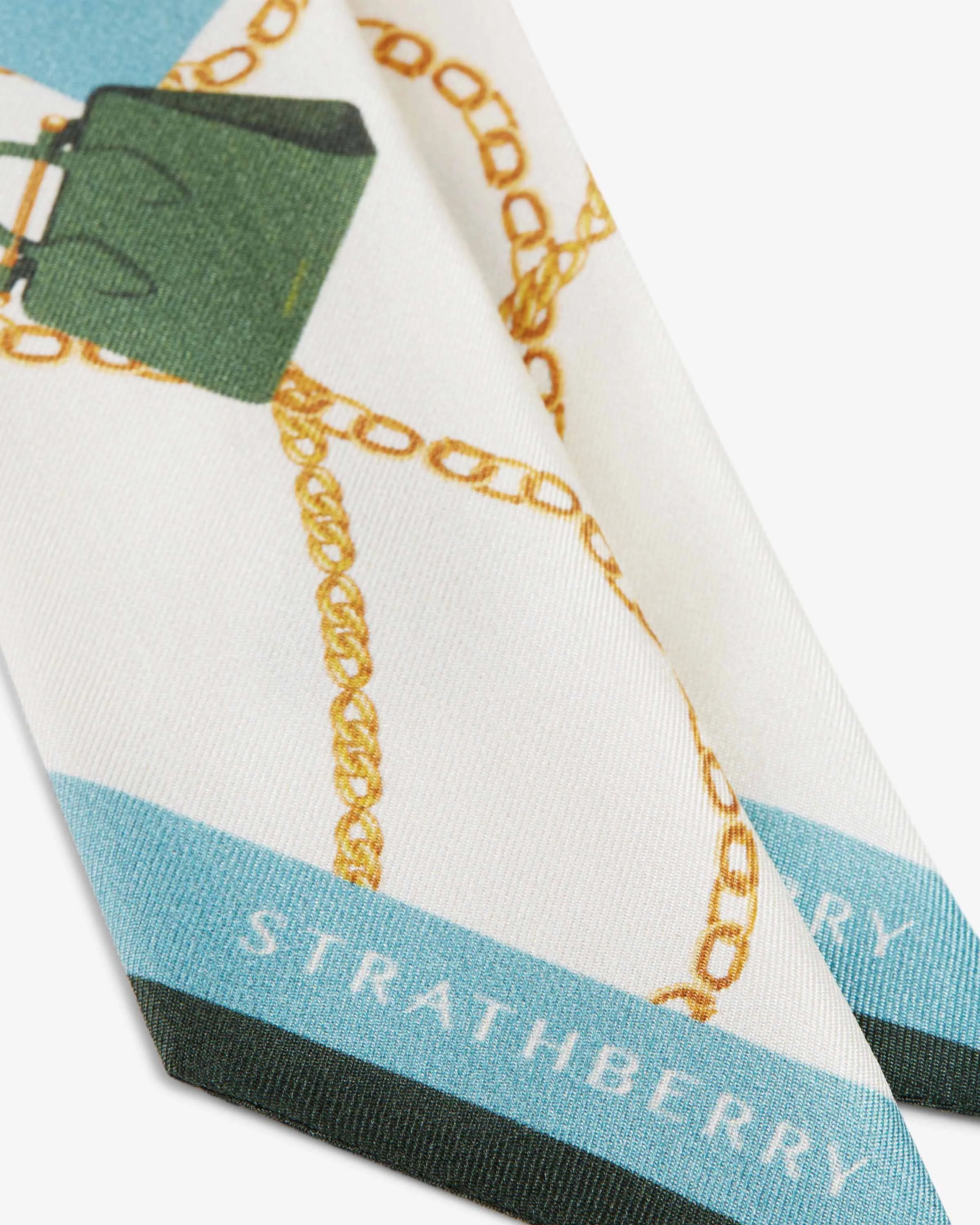 Silk Skinny Scarf - Bag & Chain Print Blue/Green