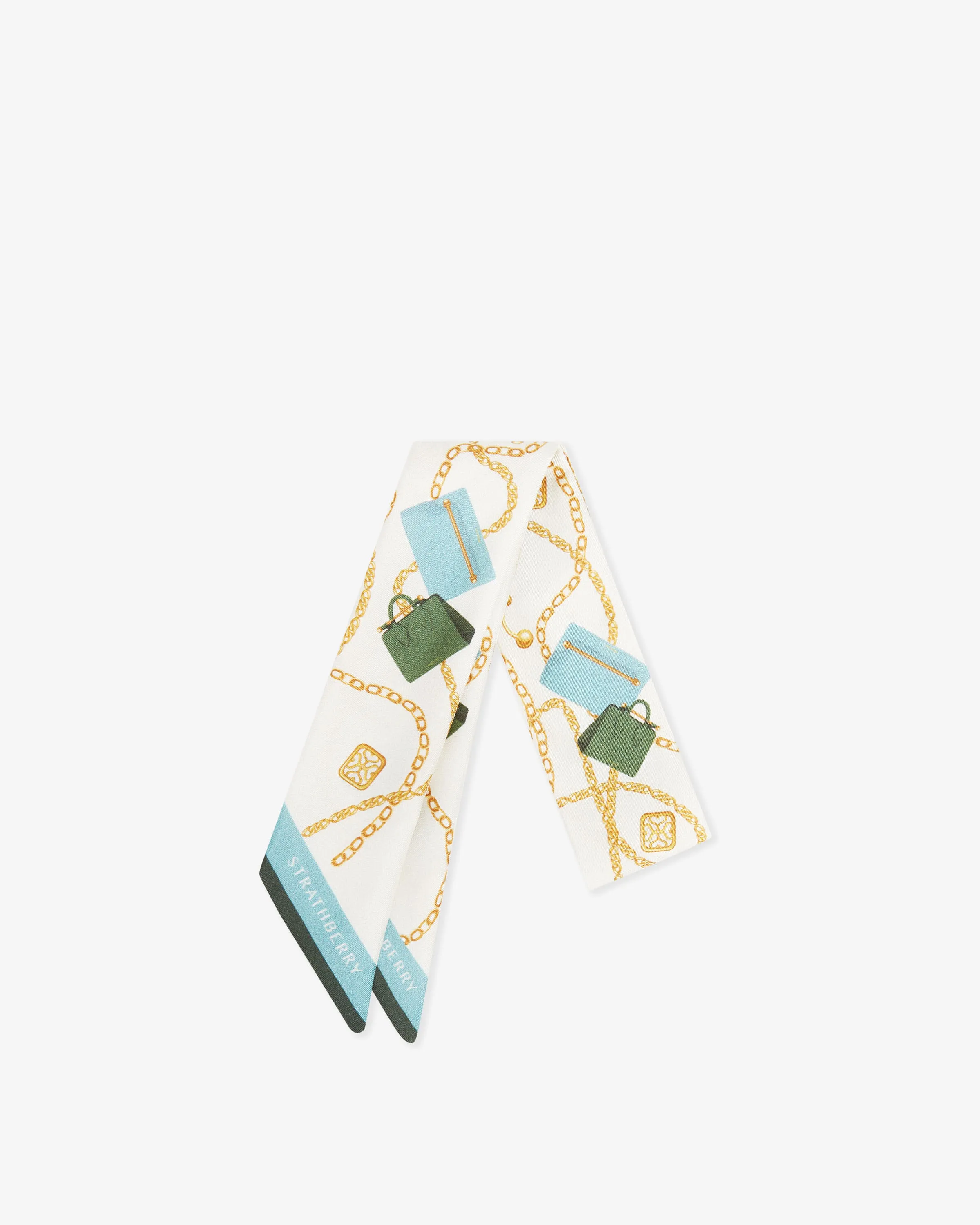 Silk Skinny Scarf - Bag & Chain Print Blue/Green