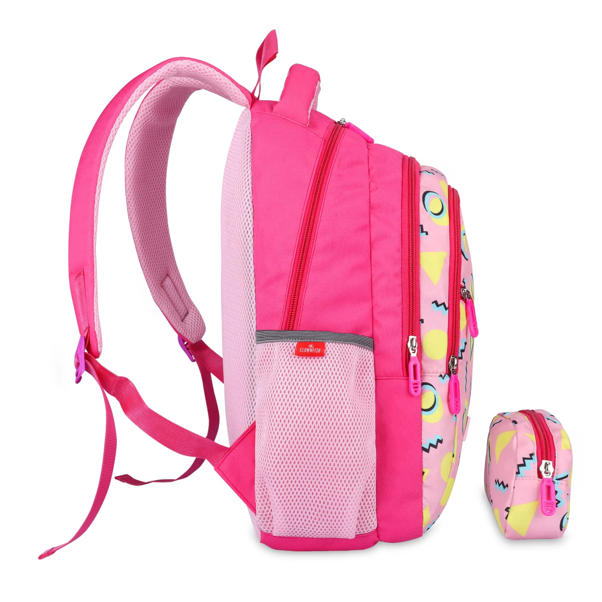 THE CLOWNFISH Brainbox Series Printed Polyester 30 L Standard Backpack With Pencil/Staionery Pouch School Bag Front Cross Zip Pocket Daypack Picnic Bag For Boys & Girls, Age 8-10 Years (Rose Pink)