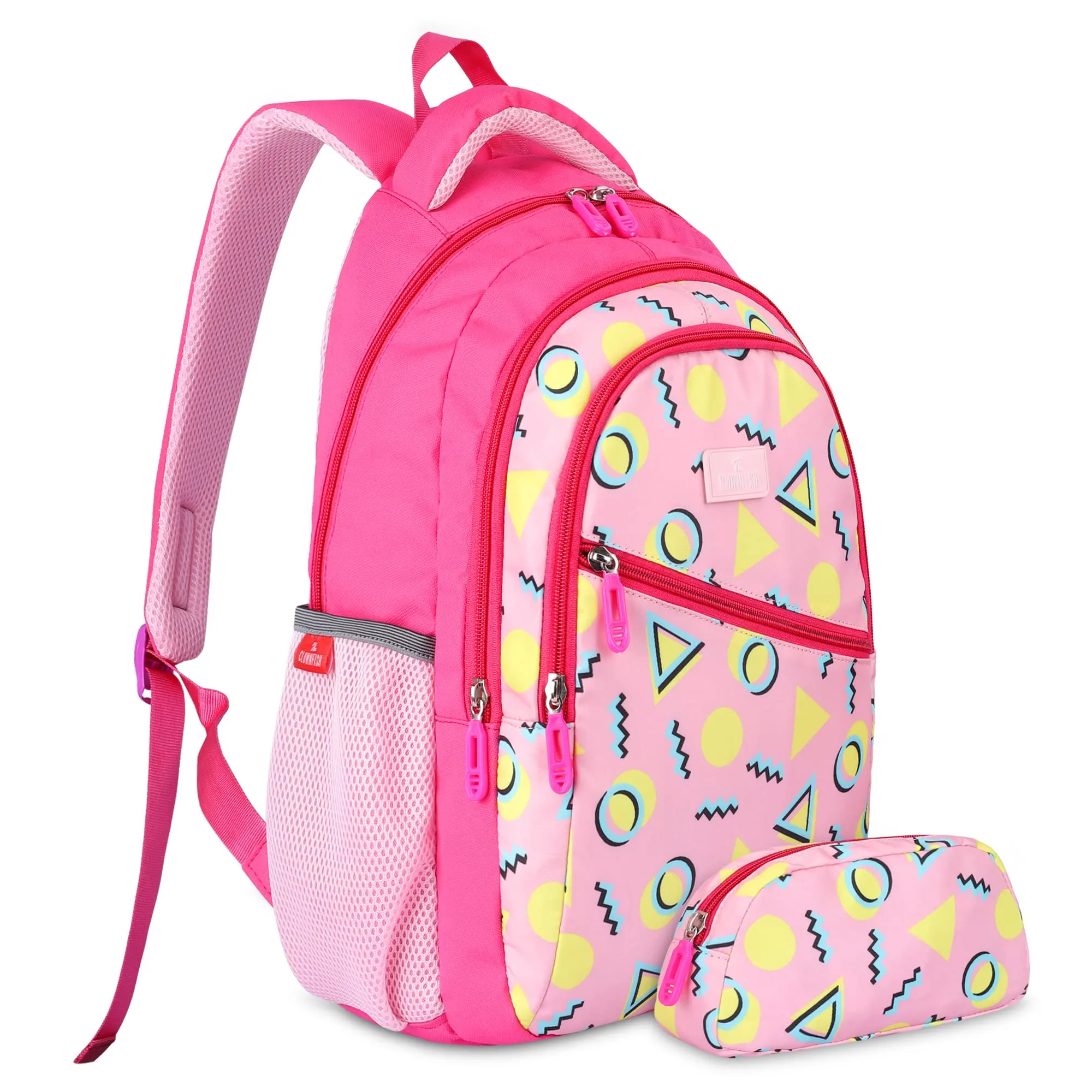 THE CLOWNFISH Brainbox Series Printed Polyester 30 L Standard Backpack With Pencil/Staionery Pouch School Bag Front Cross Zip Pocket Daypack Picnic Bag For Boys & Girls, Age 8-10 Years (Rose Pink)