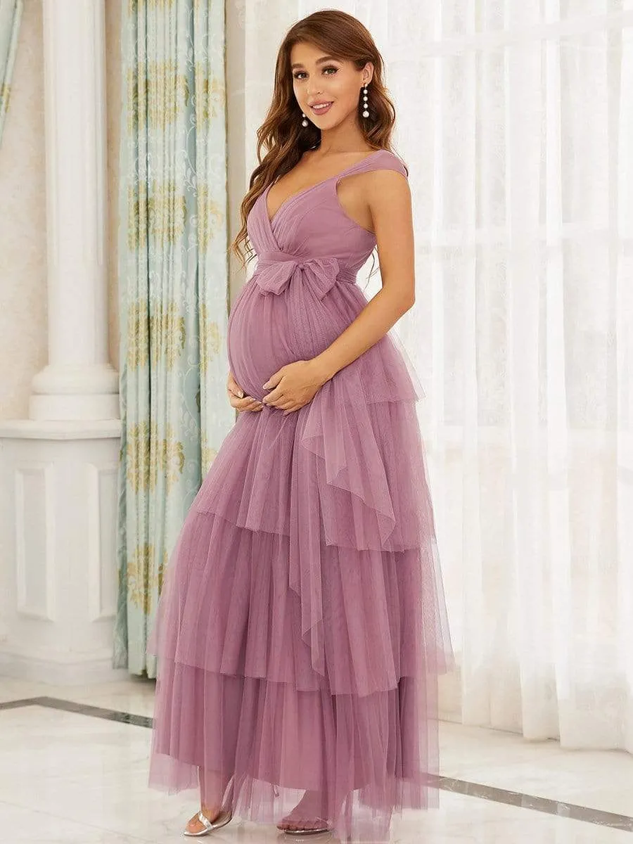 Tie Waist V-Neck Tiered Floor-length Maternity Dress