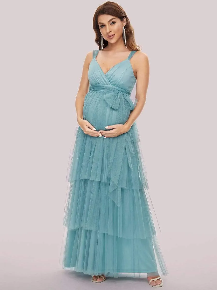 Tie Waist V-Neck Tiered Floor-length Maternity Dress