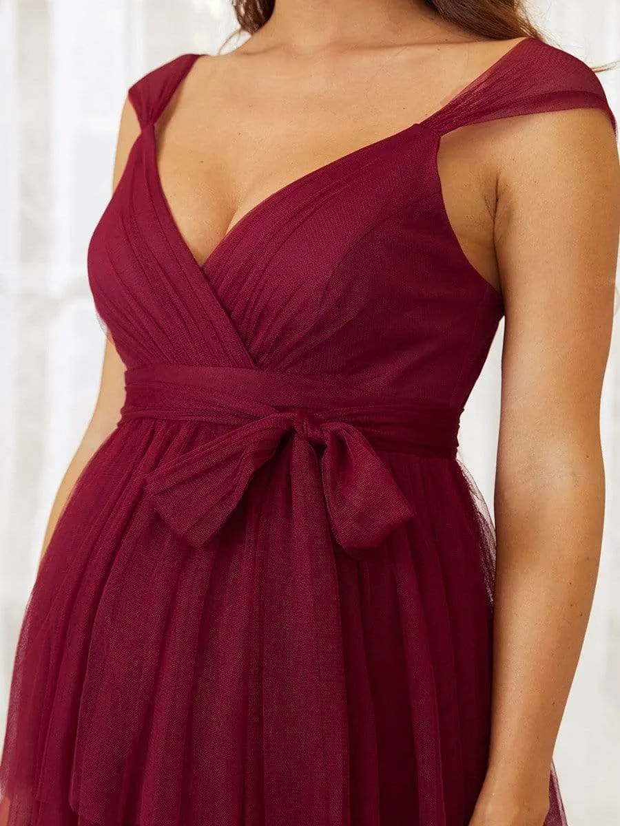 Tie Waist V-Neck Tiered Floor-length Maternity Dress