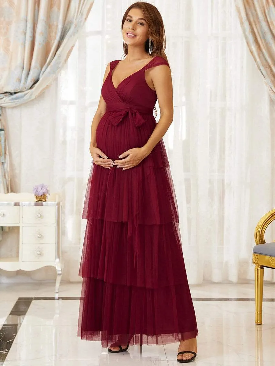 Tie Waist V-Neck Tiered Floor-length Maternity Dress